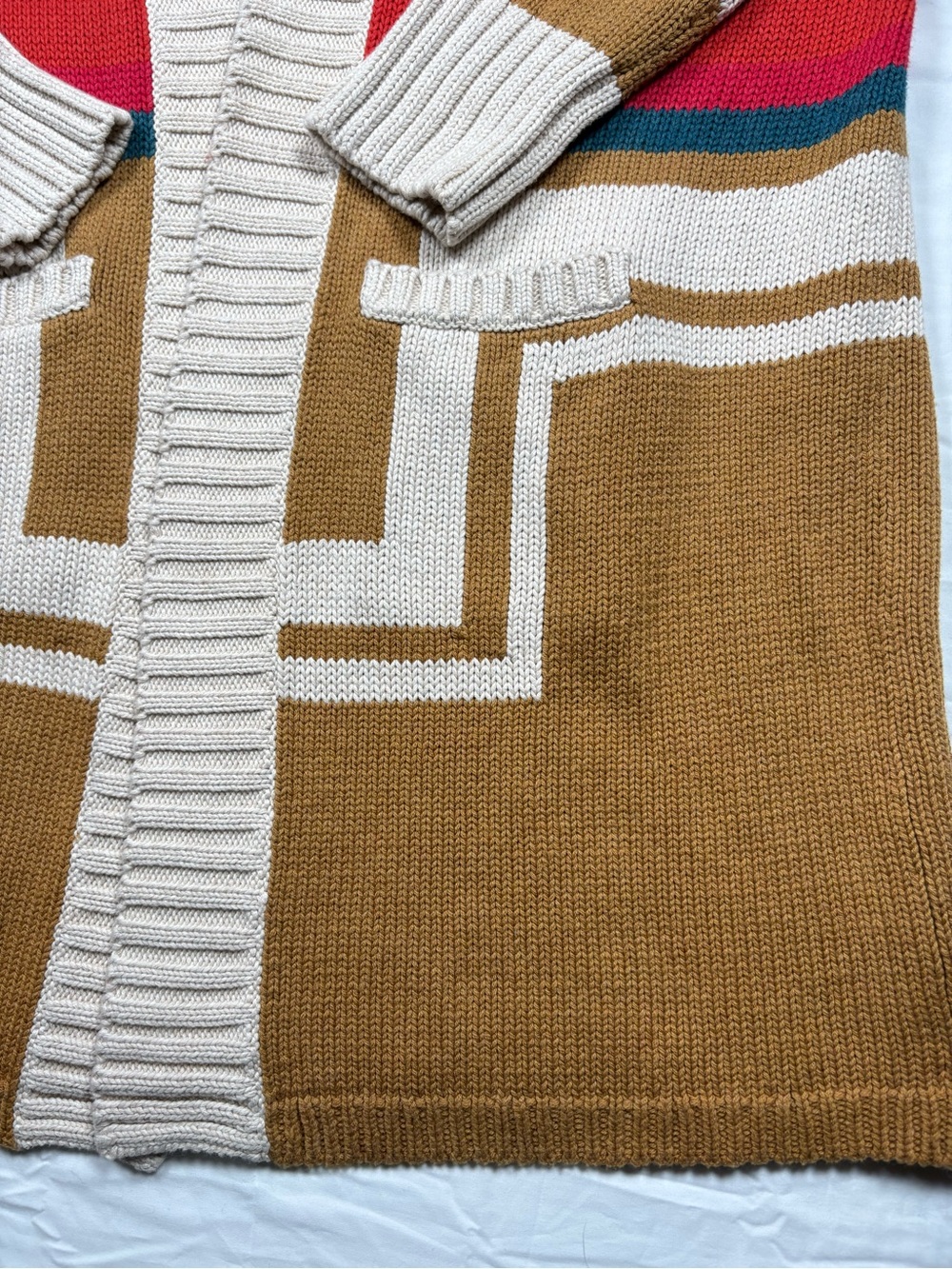 Pendleton Camel Shawl-Collar Cardigan with Red and Teal Stripe Accents - Picture 2 of 12